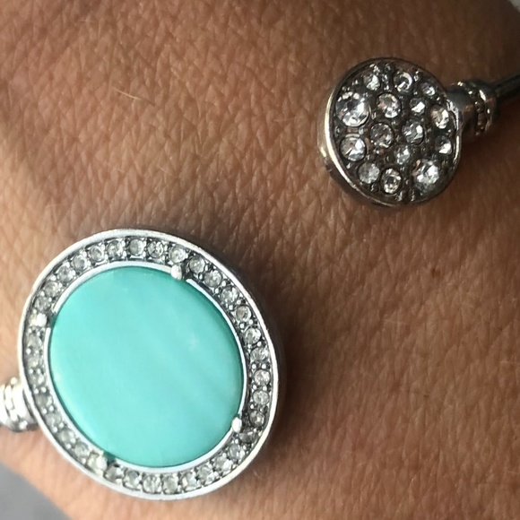 Turquoise & Rhinestone Open Silver Bangle - Picture 2 of 3